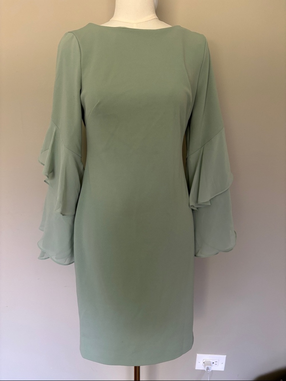 Calvin Klein Mint Green Long Sleeve Ruffle-Sleeve Dress